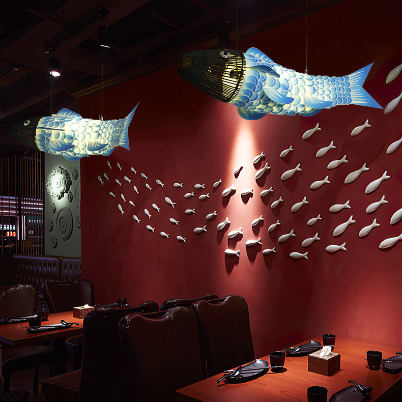 Traditional Chinese Koi Fish Iron Pvc Fabric 2/4 Light Chandelier for Dining Room