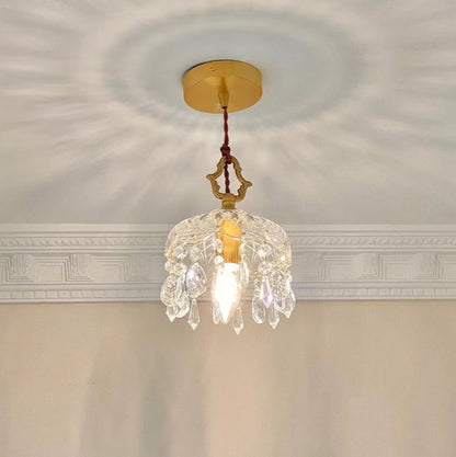Modern Art Deco Brass Checkered Glass Shade Crystal Beads 1-light Pendant Light for Living Room