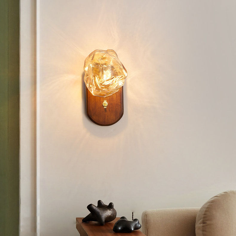 Traditional Japanese Oval Ice Cube Shape Solid Wood Glass 1-Light Wall Sconce Lamp For Bedroom Lumendat