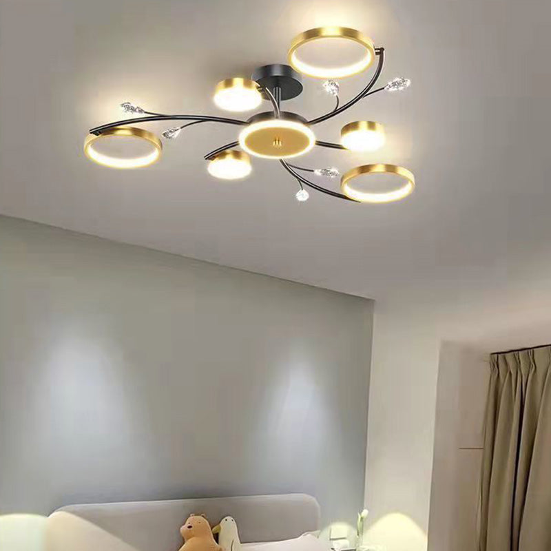 Modern Luxury Branch Round Metal Iron Acrylic Crystal Silicone LED Semi-flush Mount Ceiling Light for Living Room