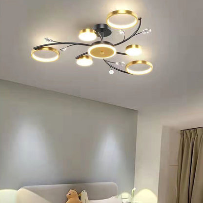Modern Luxury Branch Round Metal Iron Acrylic Crystal Silicone LED Semi-flush Mount Ceiling Light for Living Room
