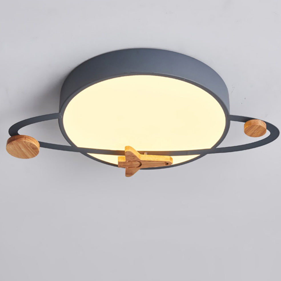 Lumendat Contemporary Scandinavian Iron Acrylic Wood Round Planet Design LED Kids Flush Mount Ceiling Light For Bedroom Lumendat