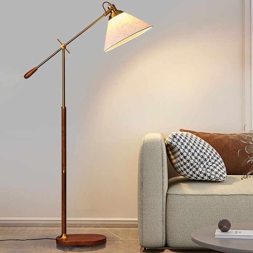 Traditional Vintage Fabric Cone Metal Ash Wood 1-Light Standing Floor Lamp For Bedroom Lumendat