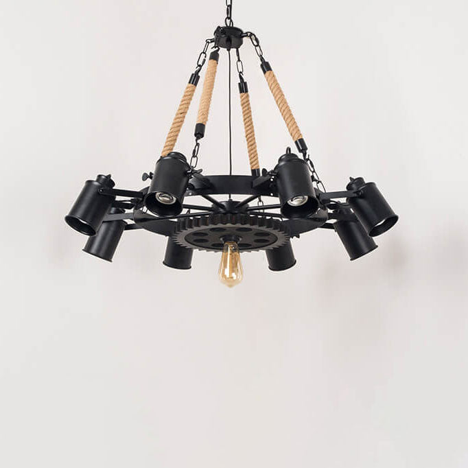 Contemporary Industrial Retro Gear Wrought Ion Hemp Rope 7/9/11-Light Chandelier For Living Room Lumendat