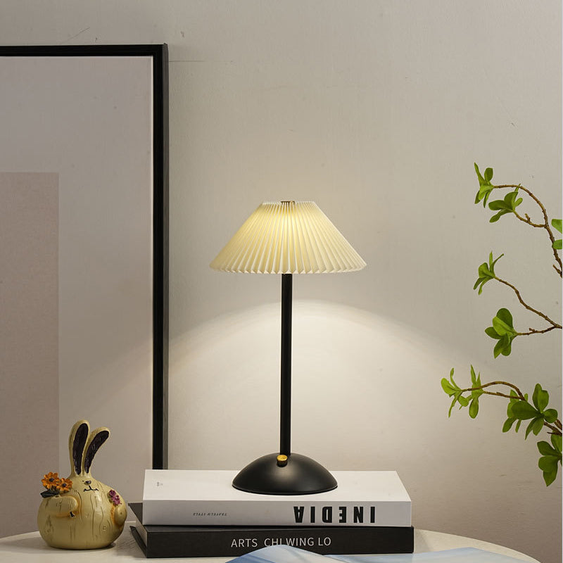 Contemporary Scandinavian Rechargeable Iron Fabric Conic Pleated 1-Light Table Lamp For Bedside Lumendat