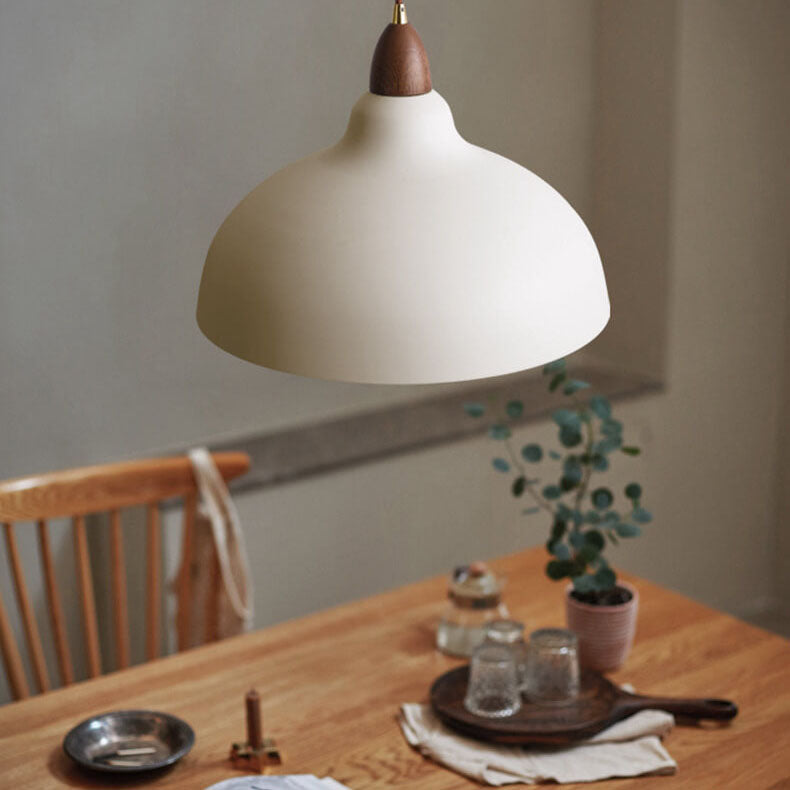 Japanese Simple Iron Dome Solid Wood Top 1-light Pendant Light BulbSquare