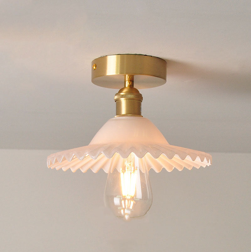 Japanese Vintage Glass Brass Lotus 1-Light Semi-Flush Mount Ceiling Light Lumendat