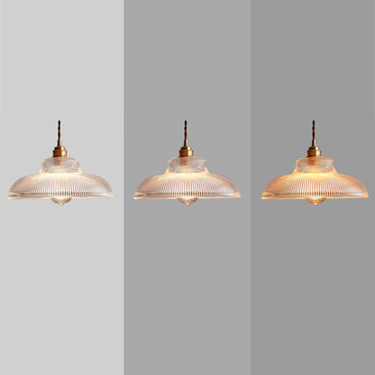 Traditional Vintage Ribbed Glass Disc Shade Brass 1-light Pendant for Living Room