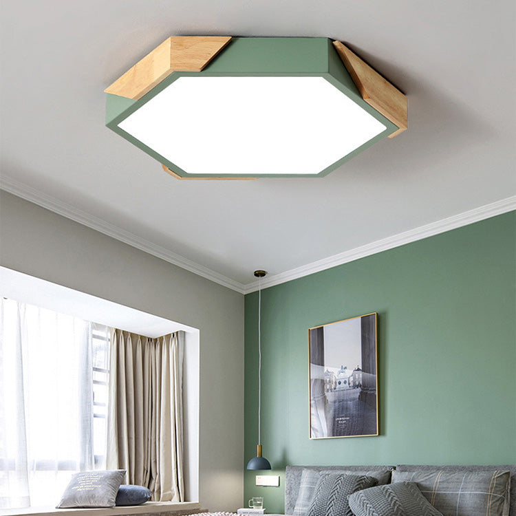Contemporary Scandinavian Hexagonal Wood Grain Iron LED Flush Mount Ceiling Light for Bedroom