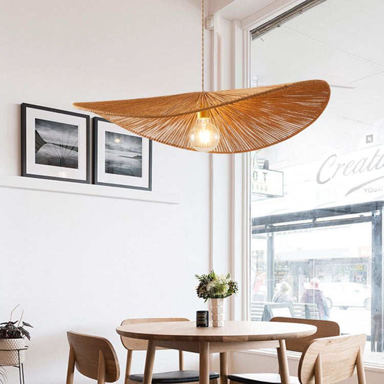 Japanese Minimalist Rope Weaving Straw Hat Round 1-light Pendant Light BulbSquare
