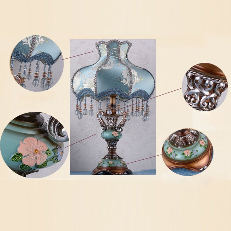 Traditional European Blue Fabric Tassel Resin 1-Light Table Lamp For Bedroom Lumendat