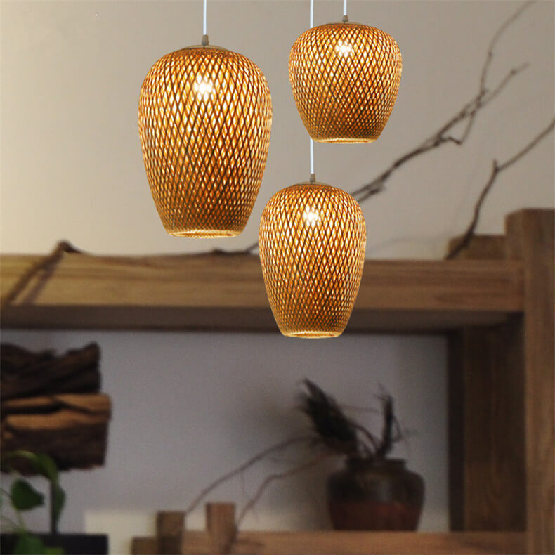 Traditional Vintage Bamboo Metal Weaving Round 1-Light Pendant Light for Living Room Lumendat