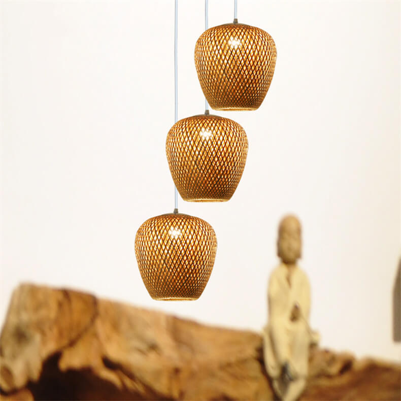 Traditional Vintage Bamboo Metal Weaving Round 1-Light Pendant Light for Living Room Lumendat