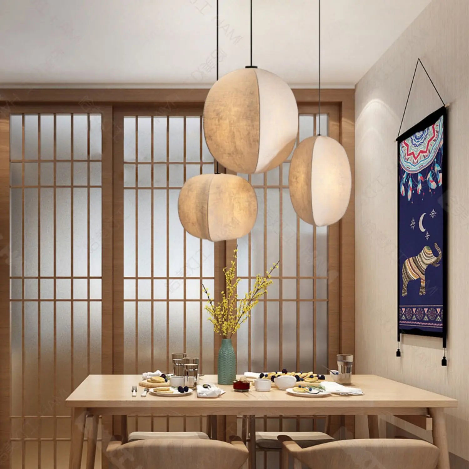 Traditional Japanese Zen Anti-silk Lantern Shape 1-light Pendant Light for Living Room BulbSquare