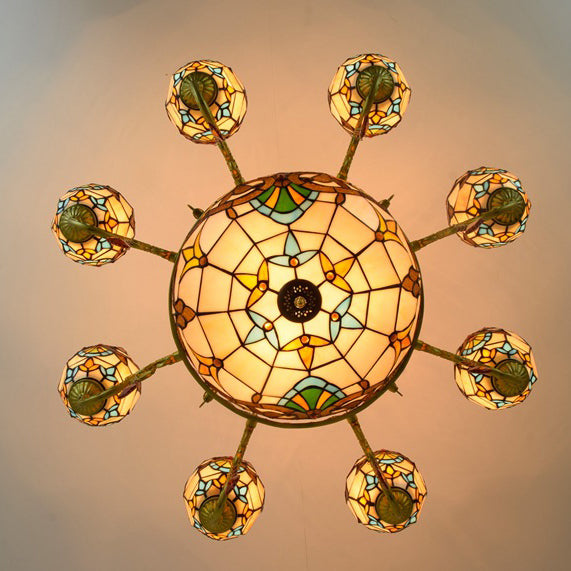 Traditional Tiffany Bead Dome Baroque Iron Glass Alloy 8/11 Light Chandeliers for Living Room