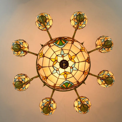 Traditional Tiffany Bead Dome Baroque Iron Glass Alloy 8/11 Light Chandeliers for Living Room