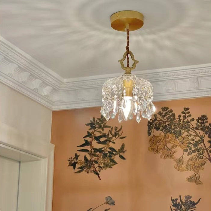 Modern Art Deco Brass Checkered Glass Shade Crystal Beads 1-light Pendant Light for Living Room