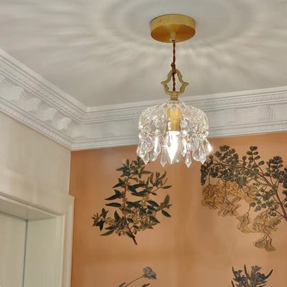Modern Art Deco Brass Checkered Glass Shade Crystal Beads 1-light Pendant Light for Living Room