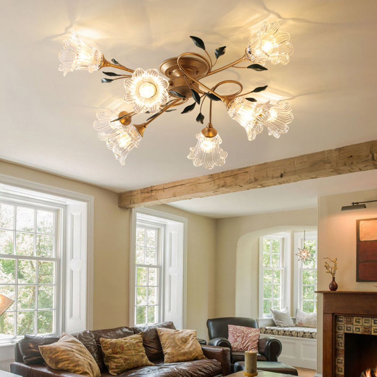 Traditional European Floral Iron Glass 6/8/10 Light Semi-flush Mount Ceiling Light for Bedroom