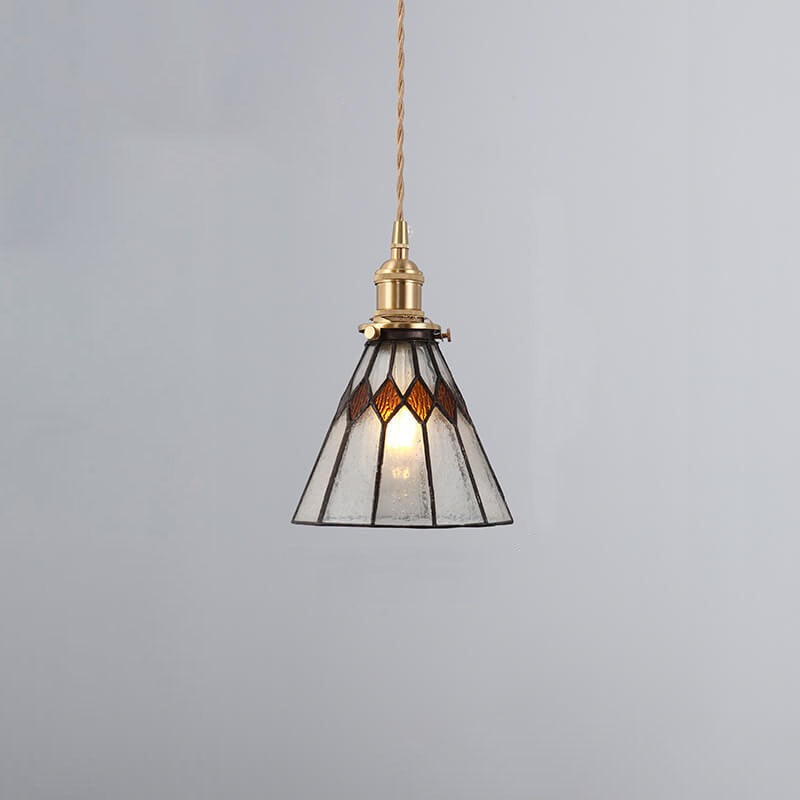 Japanese Vintage Brass Stained Glass Cone 1-light Pendant Light BulbSquare
