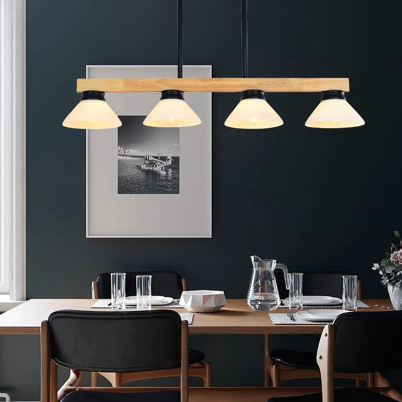 Nordic Solid Wood Cone Glass Shade 3/4 Light Island Light Chandelier BulbSquare