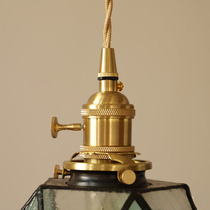 Traditional Vintage Polygonal Brass Stained Glass 1-light Pendant Light for Living Room