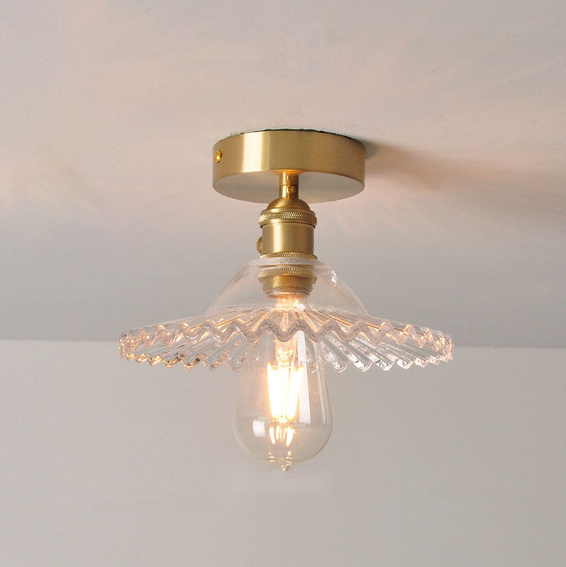 Japanese Vintage Glass Brass Lotus 1-Light Semi-Flush Mount Ceiling Light Lumendat