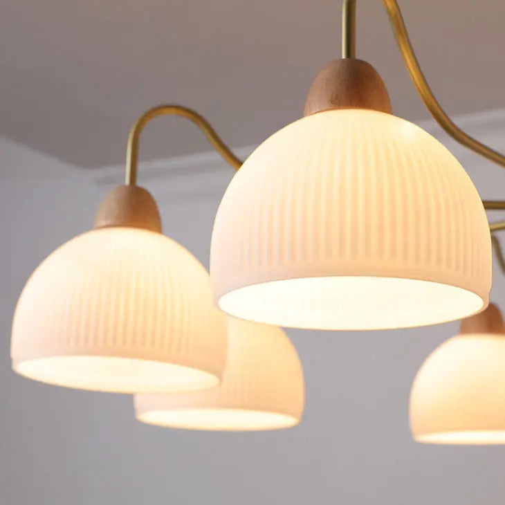Nordic Japanese Glass Round Wood 3/6/8 Light Chandelier Lumendat