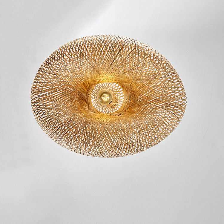 Traditional Japanese Straw Hat Bamboo Weaving Iron 1-light Pendant for Dining Room
