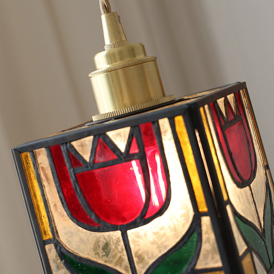 Traditional Tiffany Square Tulip Red Rose Rubik's Cube Brass Stained Glass 1-light Pendant Light for Living Room