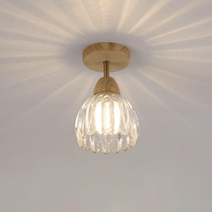 Japanese Vintage Wood Glass Cone Flower 1-light Semi-flush Mount Ceiling Light