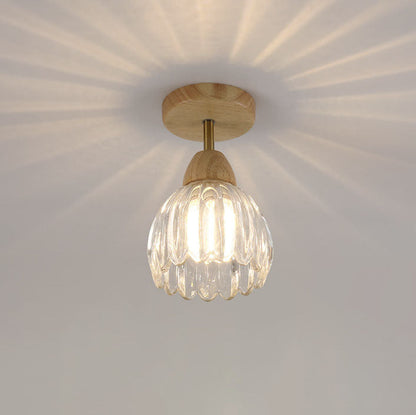 Japanese Vintage Wood Glass Cone Flower 1-light Semi-flush Mount Ceiling Light