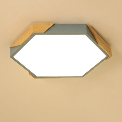 Contemporary Scandinavian Hexagonal Wood Grain Iron LED Flush Mount Ceiling Light for Bedroom