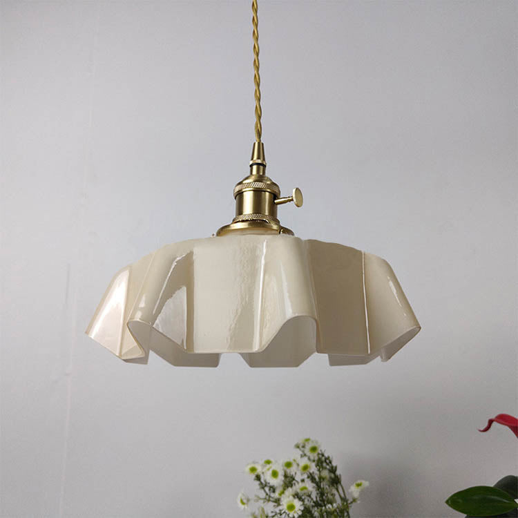 Traditional Japanese Cream Petal Glass Iron 1-Light Pendant Light For Dining Room