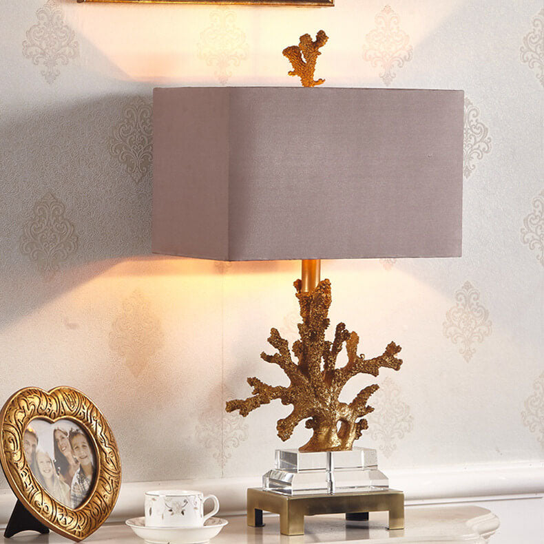 Modern Art Deco Linen Resin Crystal Coral Base 1-Light Table Lamp For Bedroom Lumendat