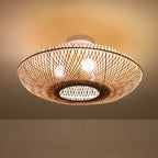 Japanese Bamboo Weaving Round Flying Saucer 3-light Semi-flush Mount Light BulbSquare