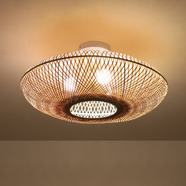 Japanese Bamboo Weaving Round Flying Saucer 3-light Semi-flush Mount Light