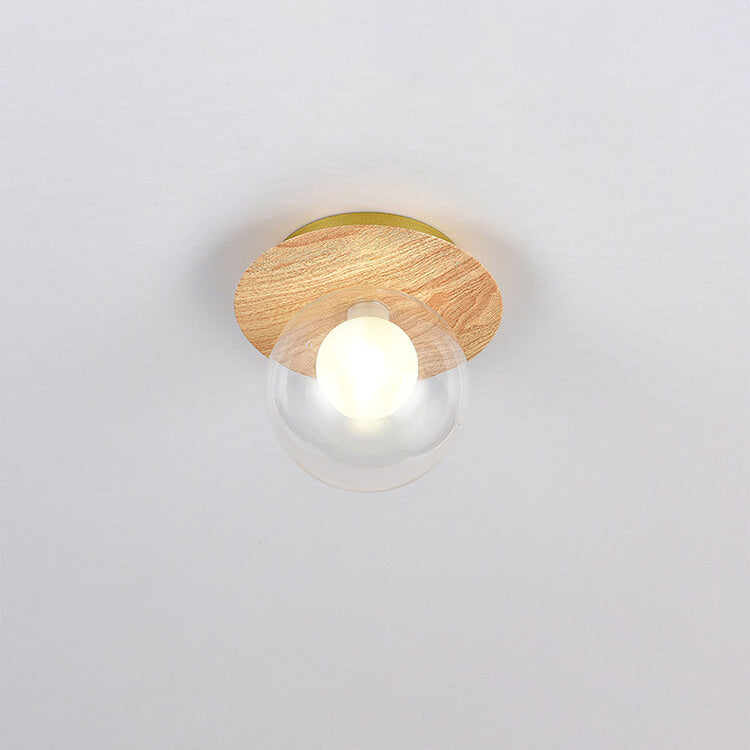 Japanese Minimalist Glass Iron Woodgrain 1-light Semi-flush Mount Ceiling Light