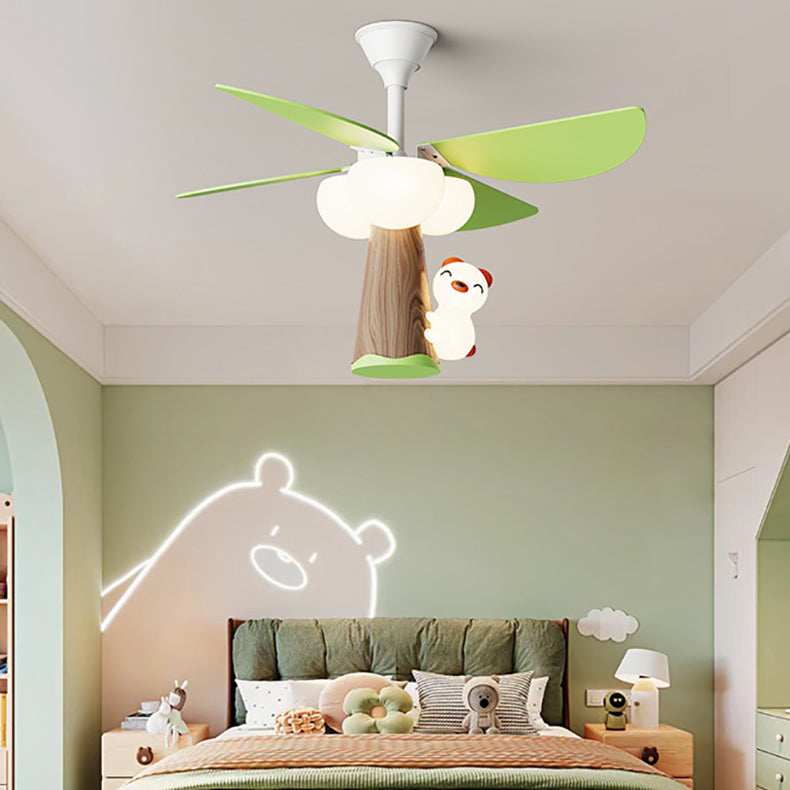Lumendat Contemporary Creative Kids PVC Iron Wood Tree Bear LED Semi-Flush Mount Ceiling Fan Light For Bedroom Lumendat