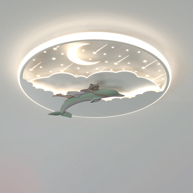 Modern Art Deco Dolphin Round Acrylic Iron LED Flush Mount Ceiling Light for Living Room