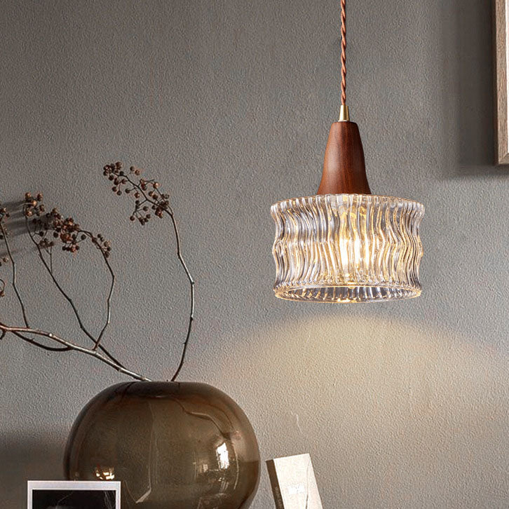 Modern Transitional Walnut Brass Round Glass Shade 1-light Pendant Light for Living Room