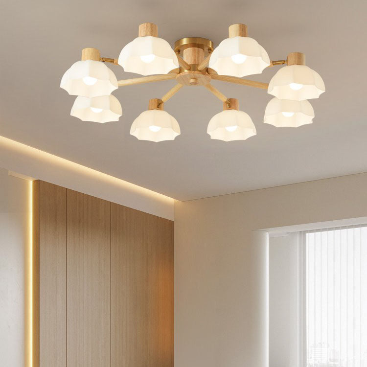 Traditional Japanese Wabi-sabi Rubberwood Hardware Glass 3/6/8-Light Flush Mount Lighting For Living Room Lumendat