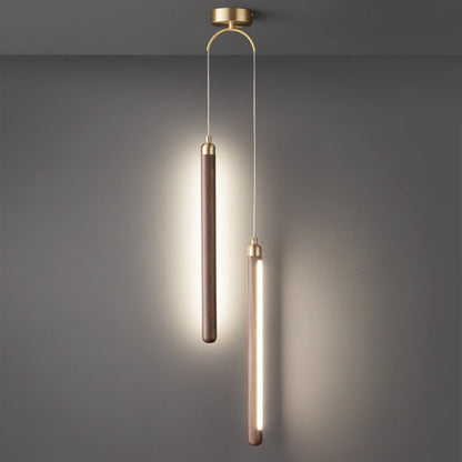 Modern Minimalist Linear Wood Copper Acrylic LED Pendant Light for Bedroom