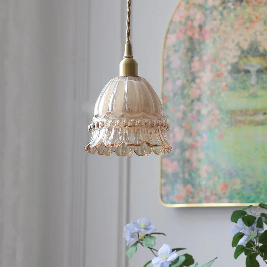 Traditional French Pastoral Walnut Jellyfish Glass Shade 1-light Pendant Light for Living Room Lumendat
