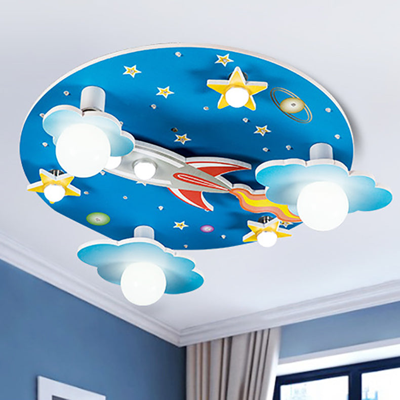 Lumendat Modern Art Deco Kids Wood Plastic Round Rocket Starry Sky LED Flush Mount Ceiling Light For Bedroom Lumendat
