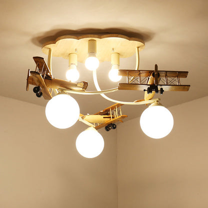 Contemporary Nordic Kids Iron Rubber Wood Glass Plane Cloud Ball 6-light Flush Mount Ceiling Light for Bedroom