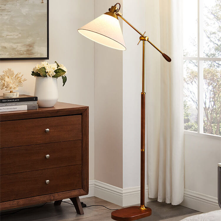 Traditional Vintage Fabric Cone Metal Ash Wood 1-Light Standing Floor Lamp For Bedroom Lumendat