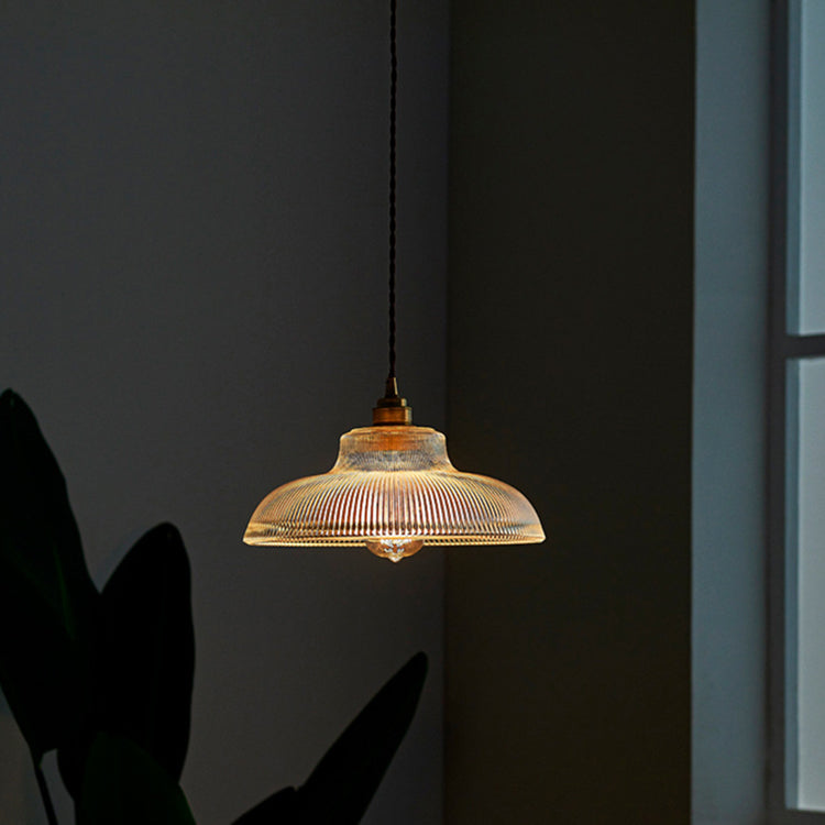 Traditional Vintage Ribbed Glass Disc Shade Brass 1-light Pendant for Living Room