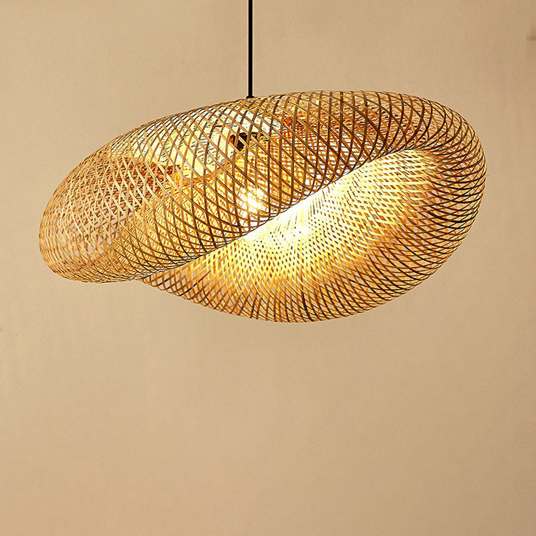 Traditional Japanese Straw Hat Bamboo Weaving Iron 1-light Pendant for Dining Room