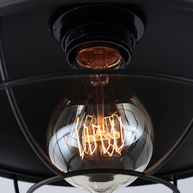 Contemporary Industrial Round Wire Mesh Iron 1-Light Semi-Flush Mount Ceiling Light For Living Room